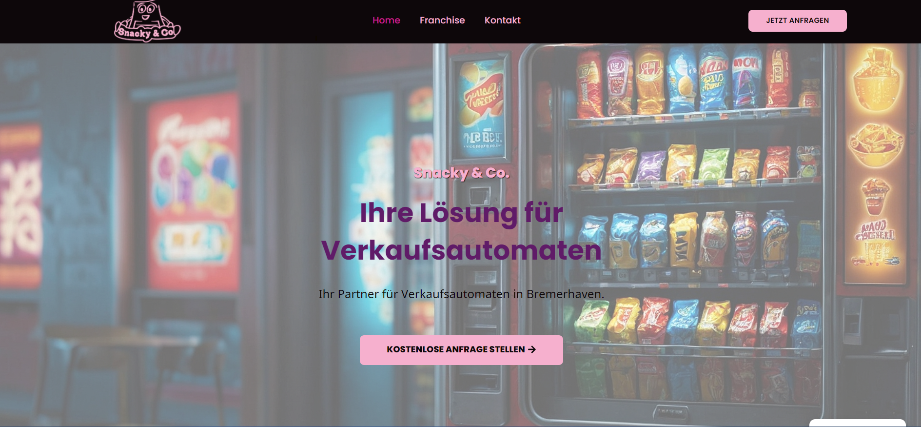 Snacky und Co Website mit Fokus auf Automaten-Standorten und Anfrageformular